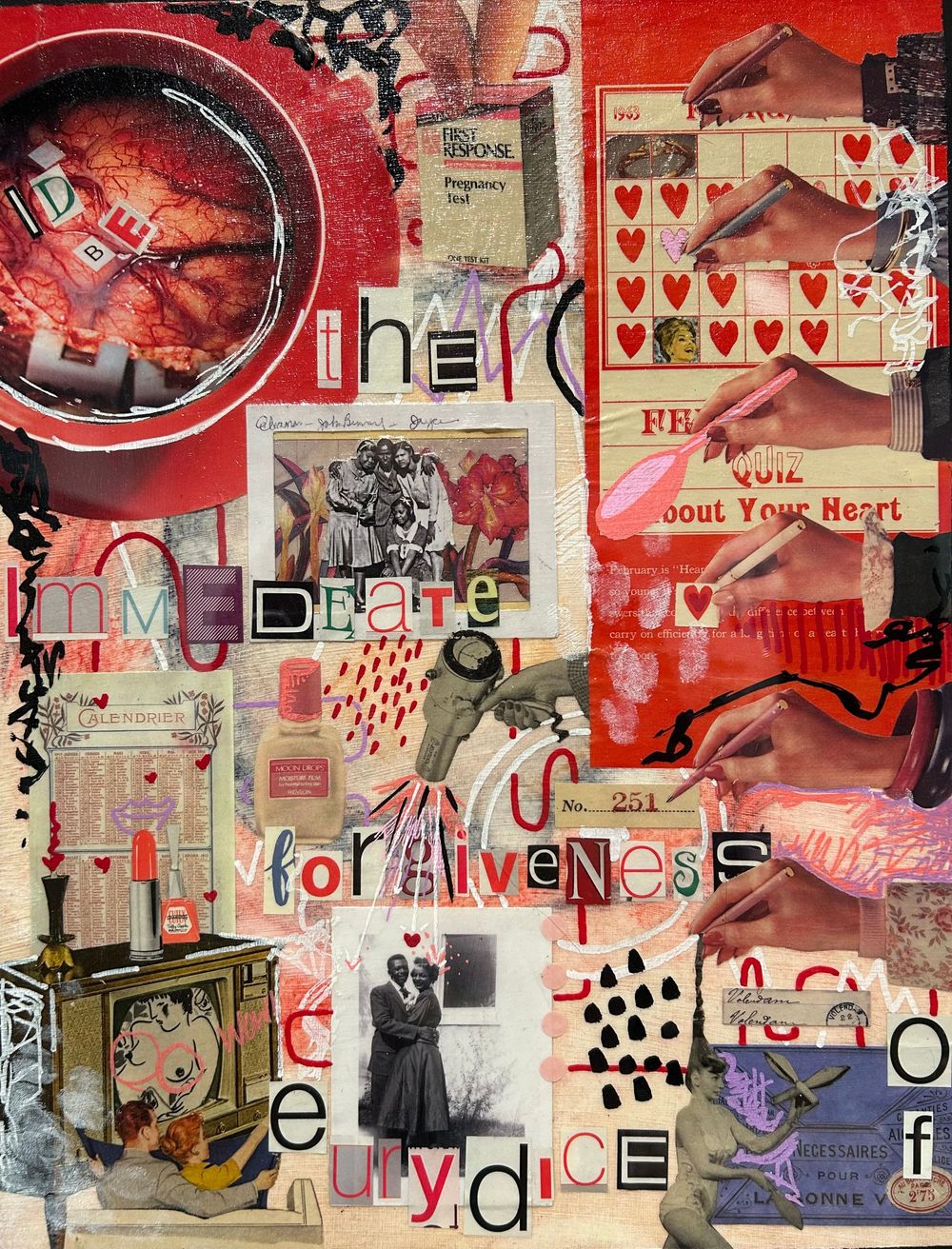 Mixed media collage art featuring red hearts, vintage photos, and text reading forgiveness on textured background.