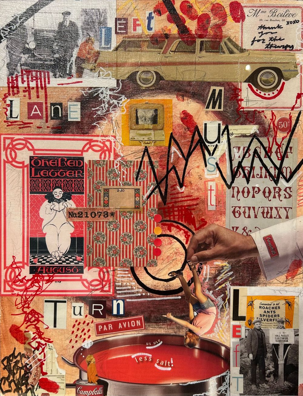 Mixed media collage artwork featuring vintage typography, red paint splashes, retro cars, and layered ephemera in warm tones.