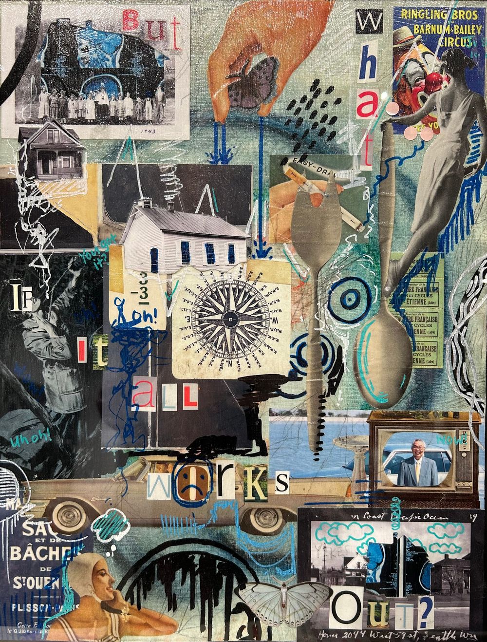 Colorful mixed media collage artwork featuring text, circus imagery, a compass, spoons, and layered vintage ephemera.