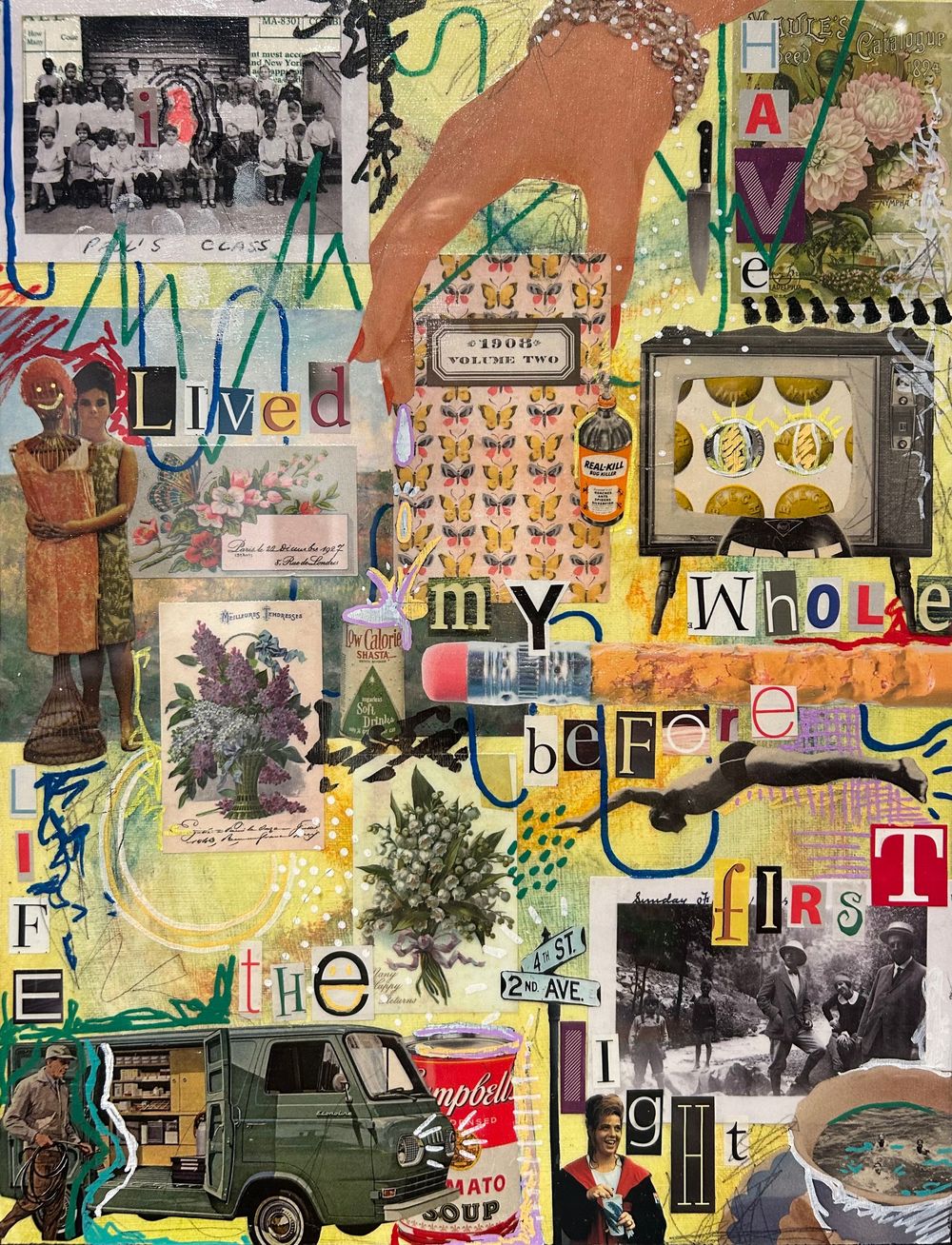 Vibrant mixed-media collage with vintage photos, text fragments, botanical prints, and bold colors forming layered artistic composition.