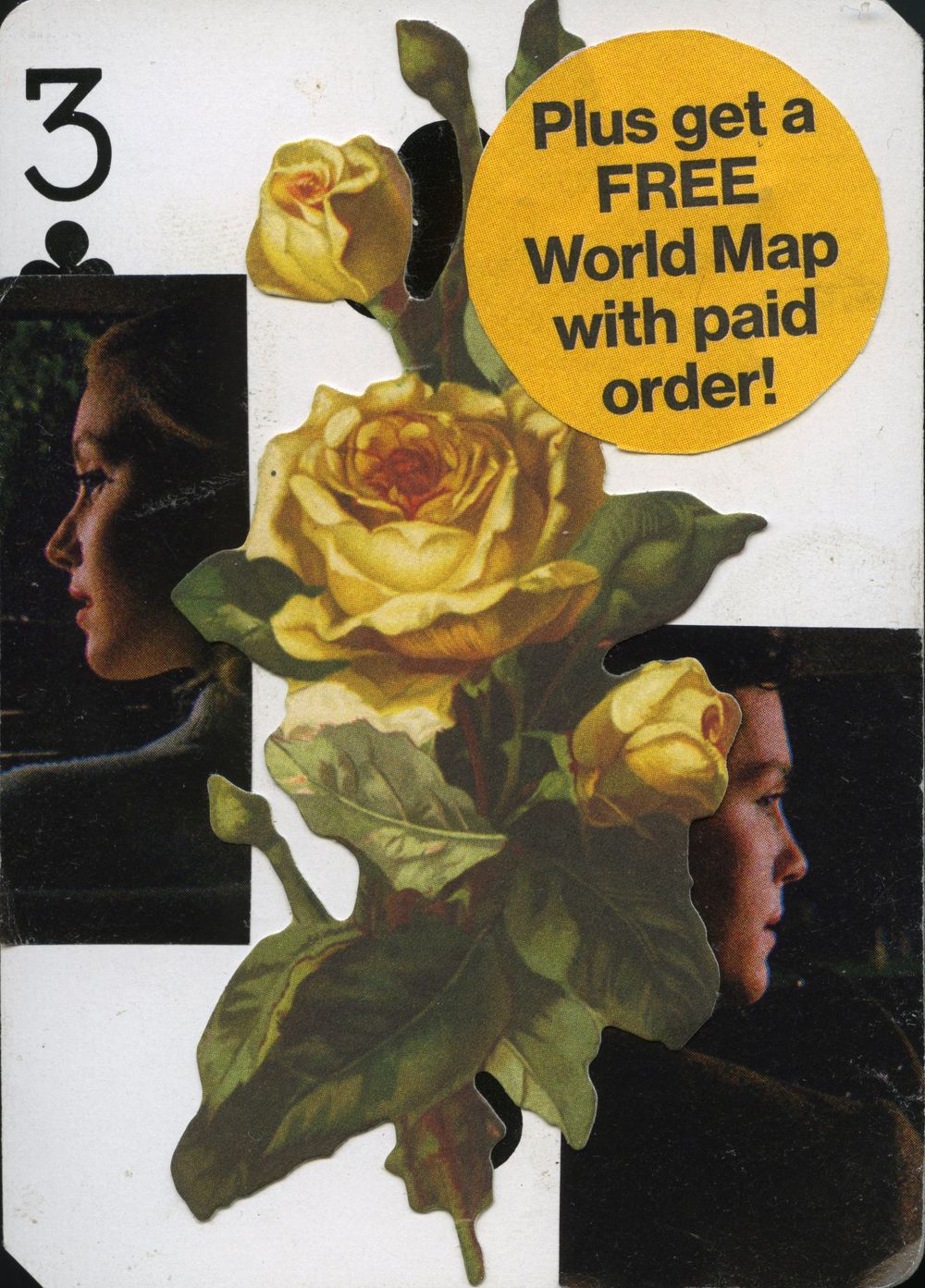 Vintage playing card collage with yellow roses, two profile portraits, and a free world map promotional sticker.