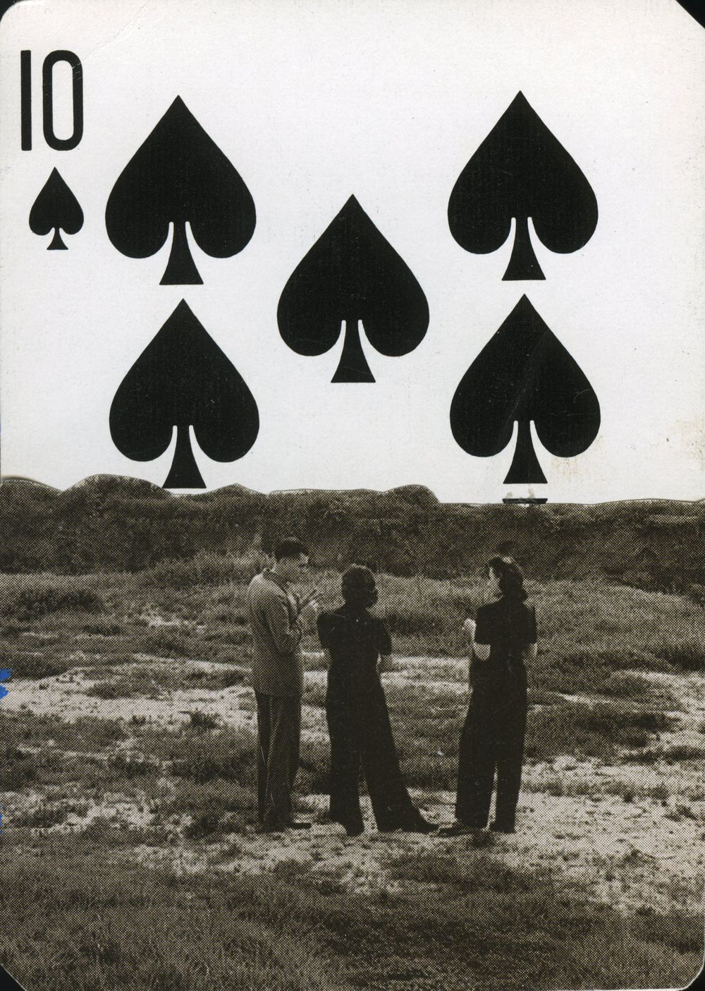 Vintage black and white photo overlaid on a ten of spades playing card with three people standing outdoors.