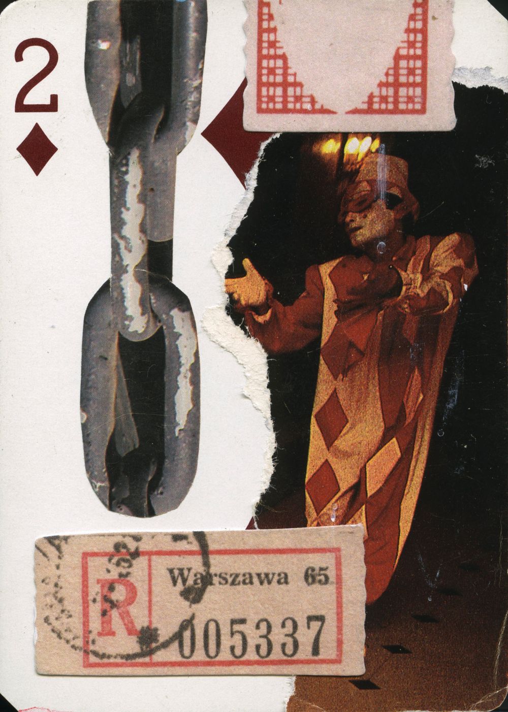 Artistic collage on a 2 of diamonds playing card featuring a jester, chains, and a Warszawa 65 postal stamp.
