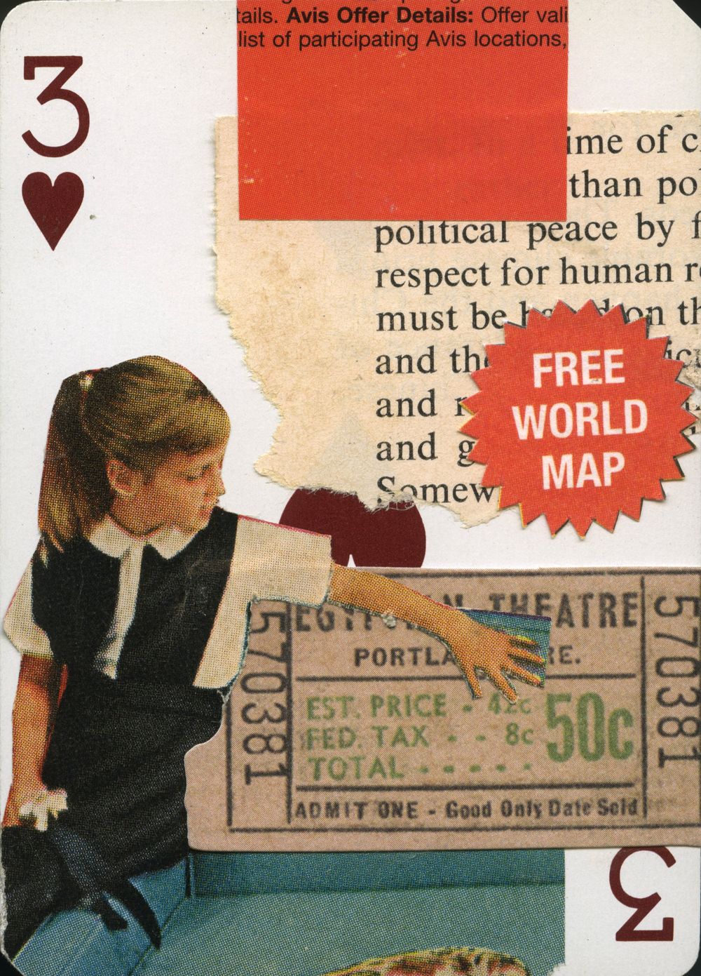 Vintage collage art featuring a girl, playing card 3 of hearts, Egyptian Theatre ticket, and Free World Map sticker.