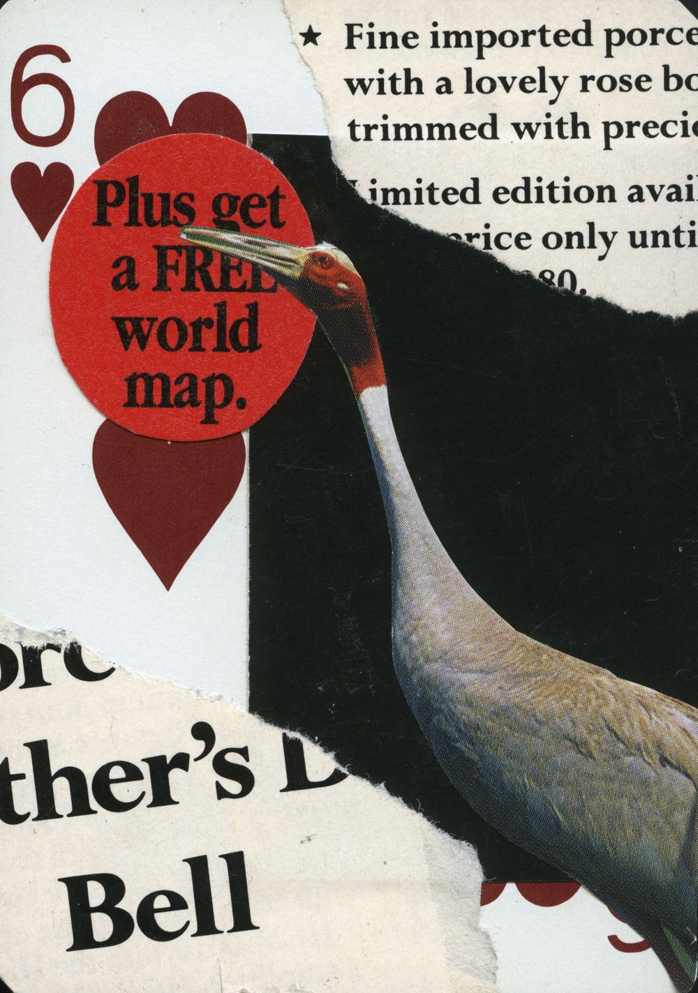 Collage art featuring a six of hearts playing card, a crane bird, and torn paper scraps with text fragments about a free world map.