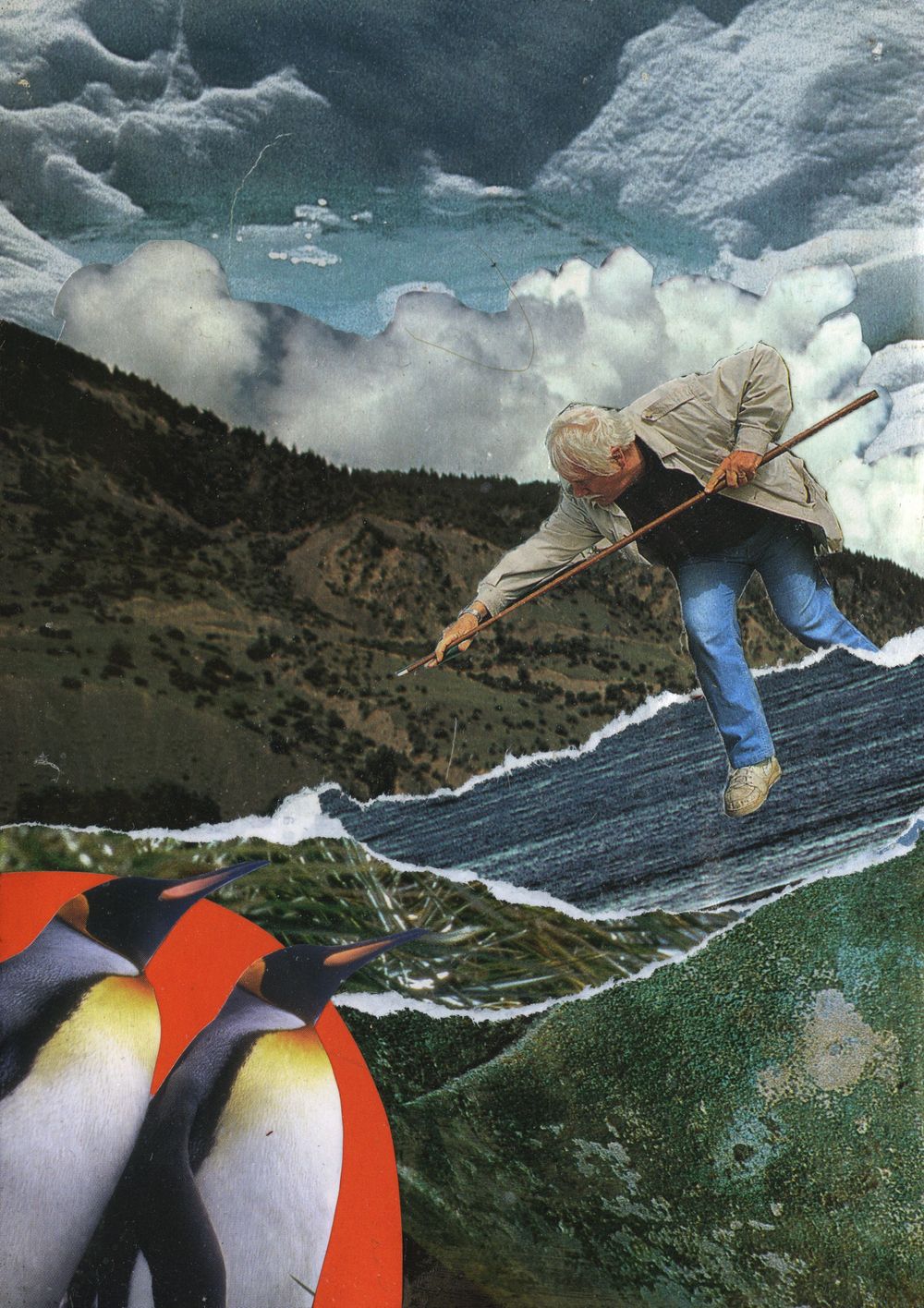 Surreal collage art featuring a man balancing on torn paper waves with king penguins and mountain landscape.