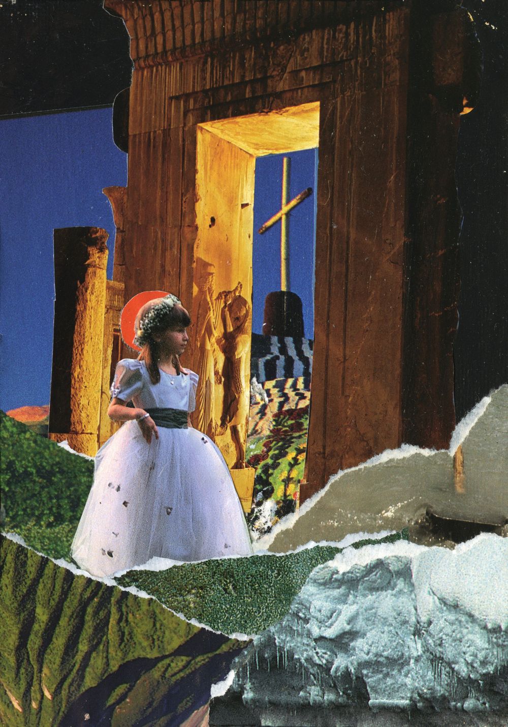 A young girl in a white ball gown stands in a surreal collage scene with ancient ruins and a glowing doorway.