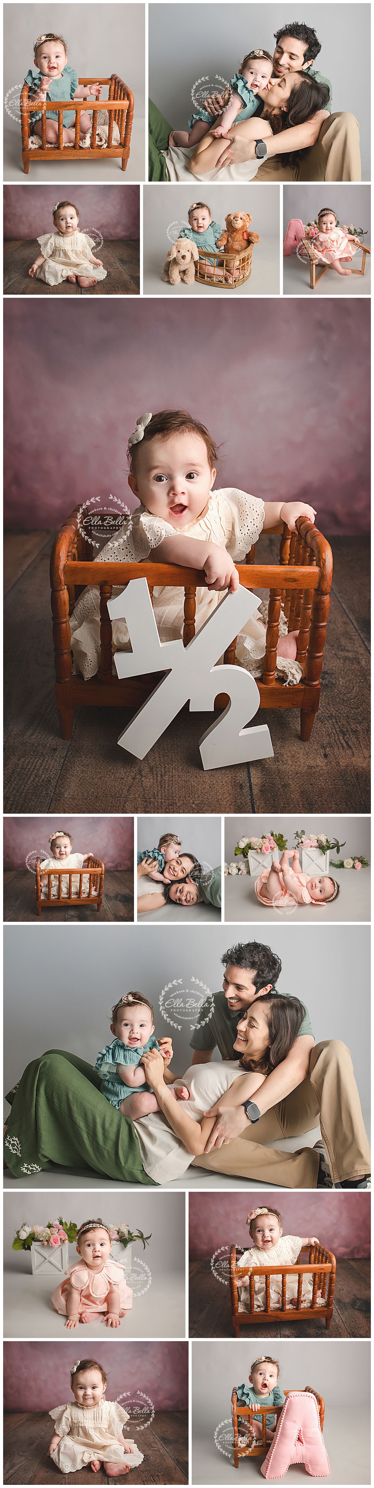Collage of a baby girl's 6-month milestone photoshoot with family portraits, props, and a wooden crib on pink backdrop.