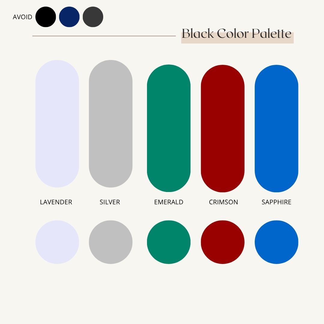 Color palette showing rounded rectangular swatches in lavender, silver, emerald, crimson and sapphire hues with labels.