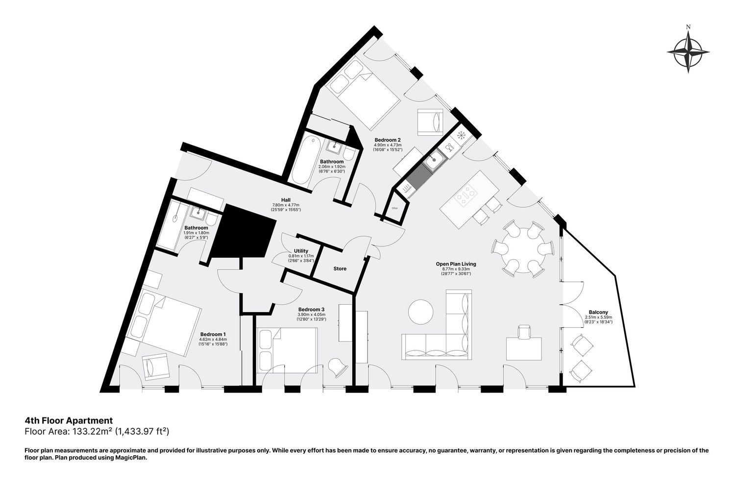 Floor plan of a 4th floor apartment showing layout with multiple bedrooms, living areas, and bathrooms spanning 1,435 sq ft.