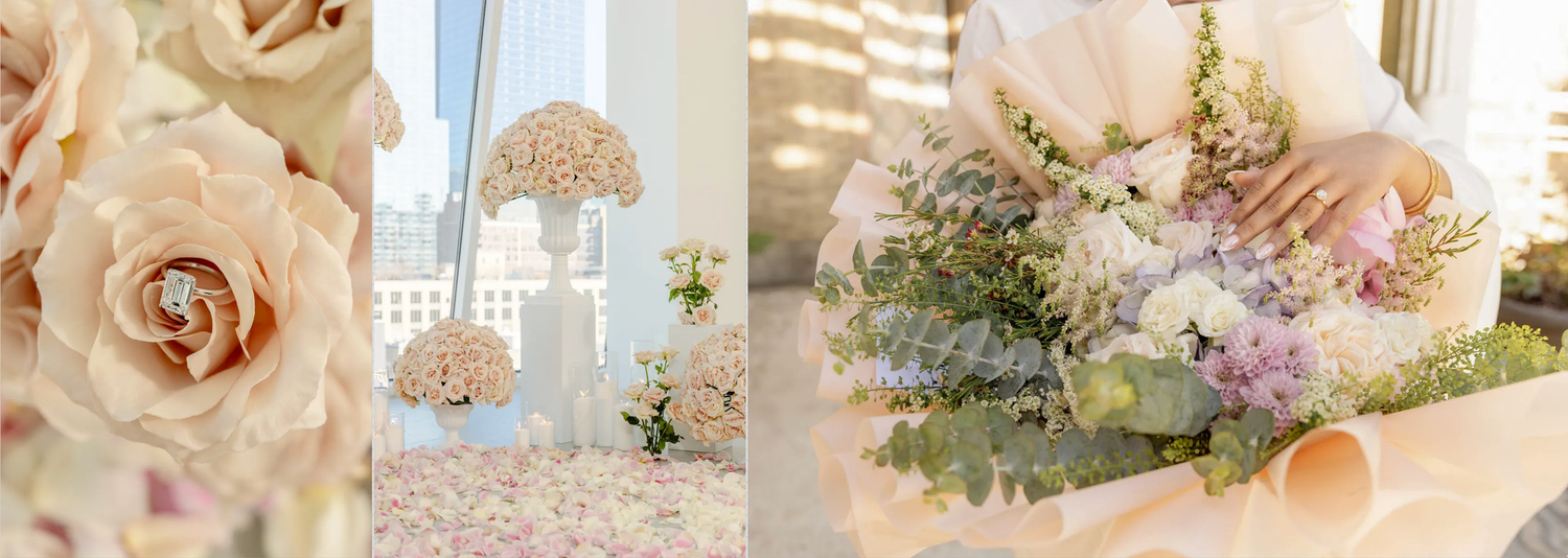 Bride holding a lush bridal bouquet with white and lavender flowers, eucalyptus, and peach ribbon wrap.