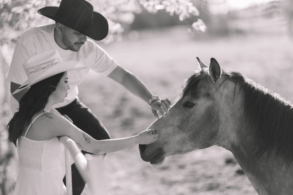 Black and white photo of a couple in western attire feeding a horse outdoors.