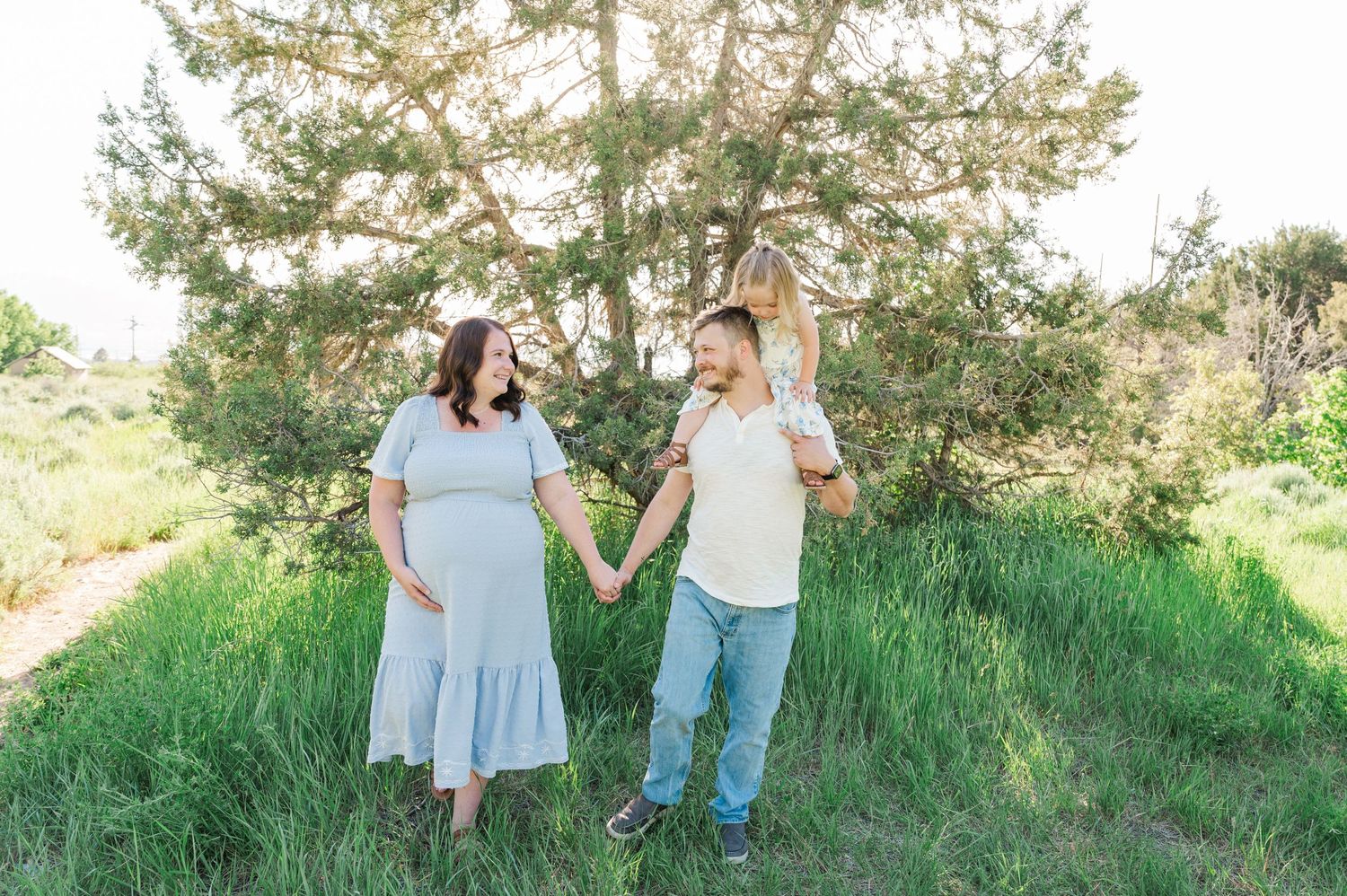 A couple holds hands while walking through tall grass in a scenic spring setting.
