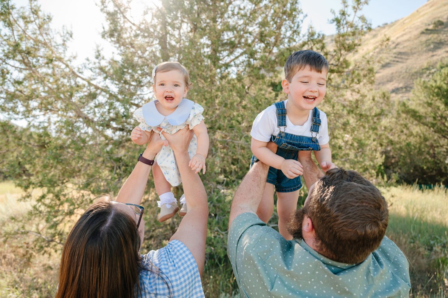 Parents joyfully lift two laughing children outdoors among green trees and golden grass on a sunny day.