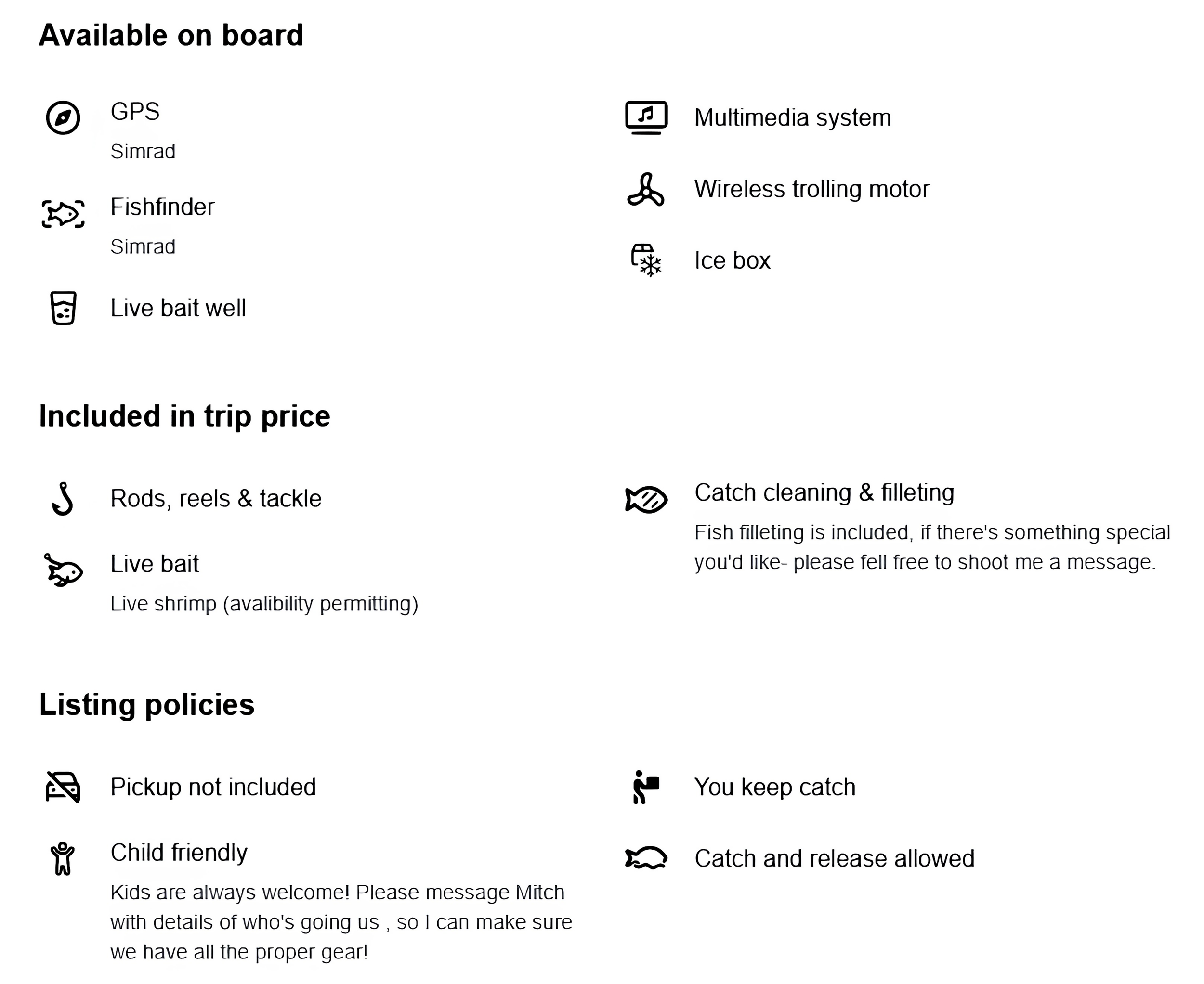 Fishing charter amenities list showing GPS, fishfinder, trolling motor, rods, tackle, and catch cleaning services.