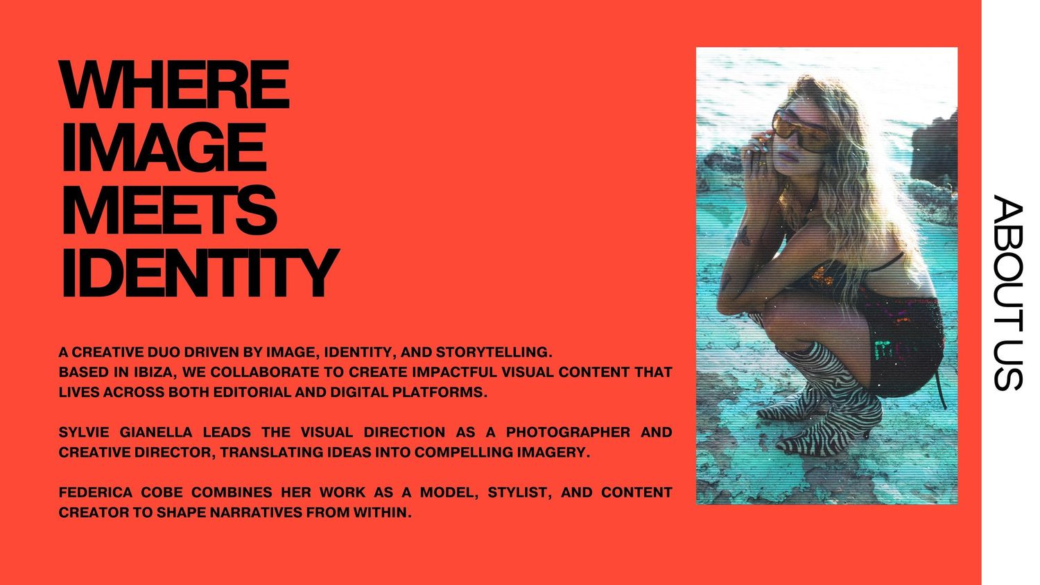 Bold graphic design with text 'Where Image Meets Identity' alongside a model in water, promoting a creative duo's brand.