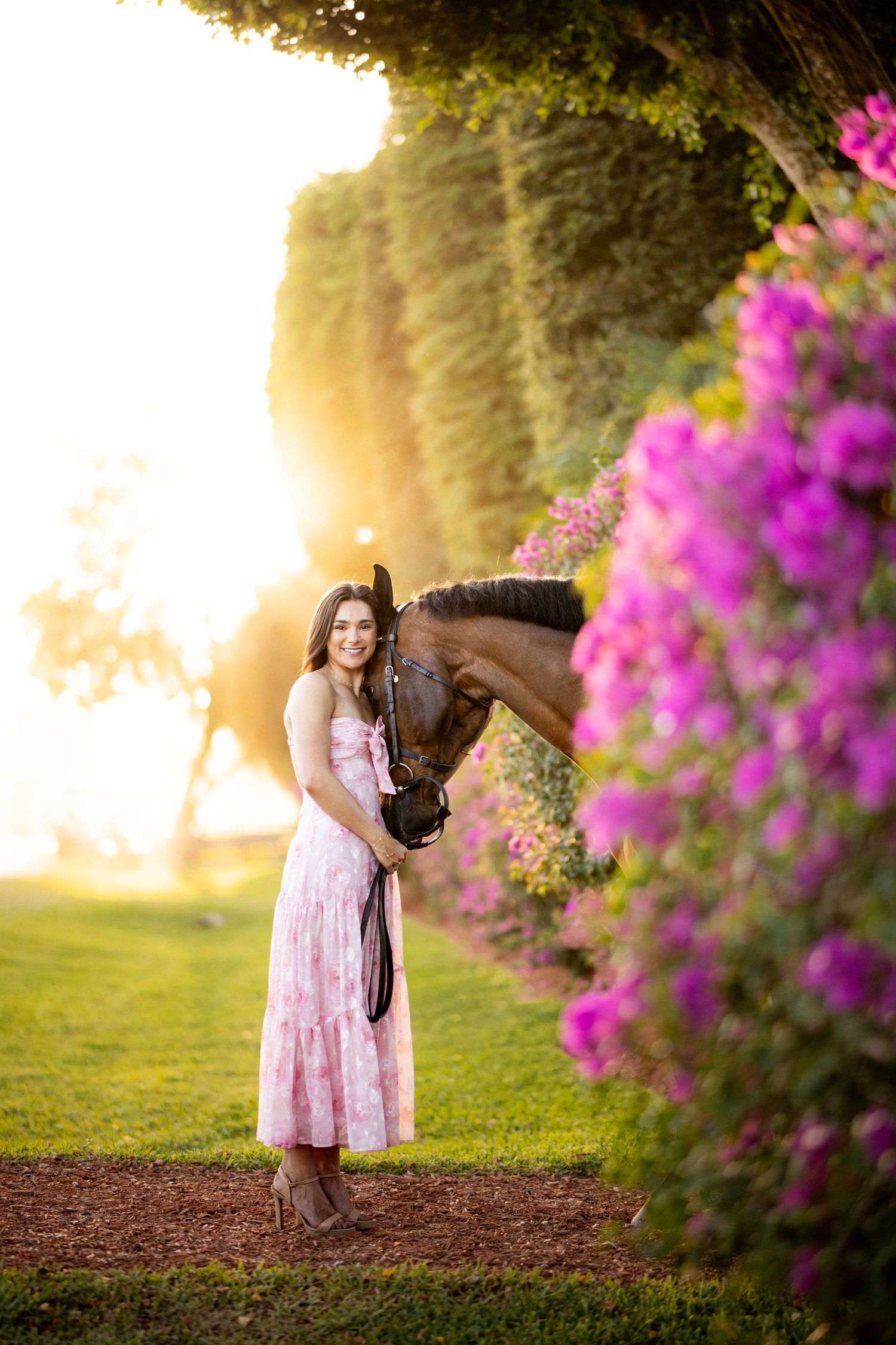 Young woman in pink dress poses with brown horse near purple flowers at golden sunset.