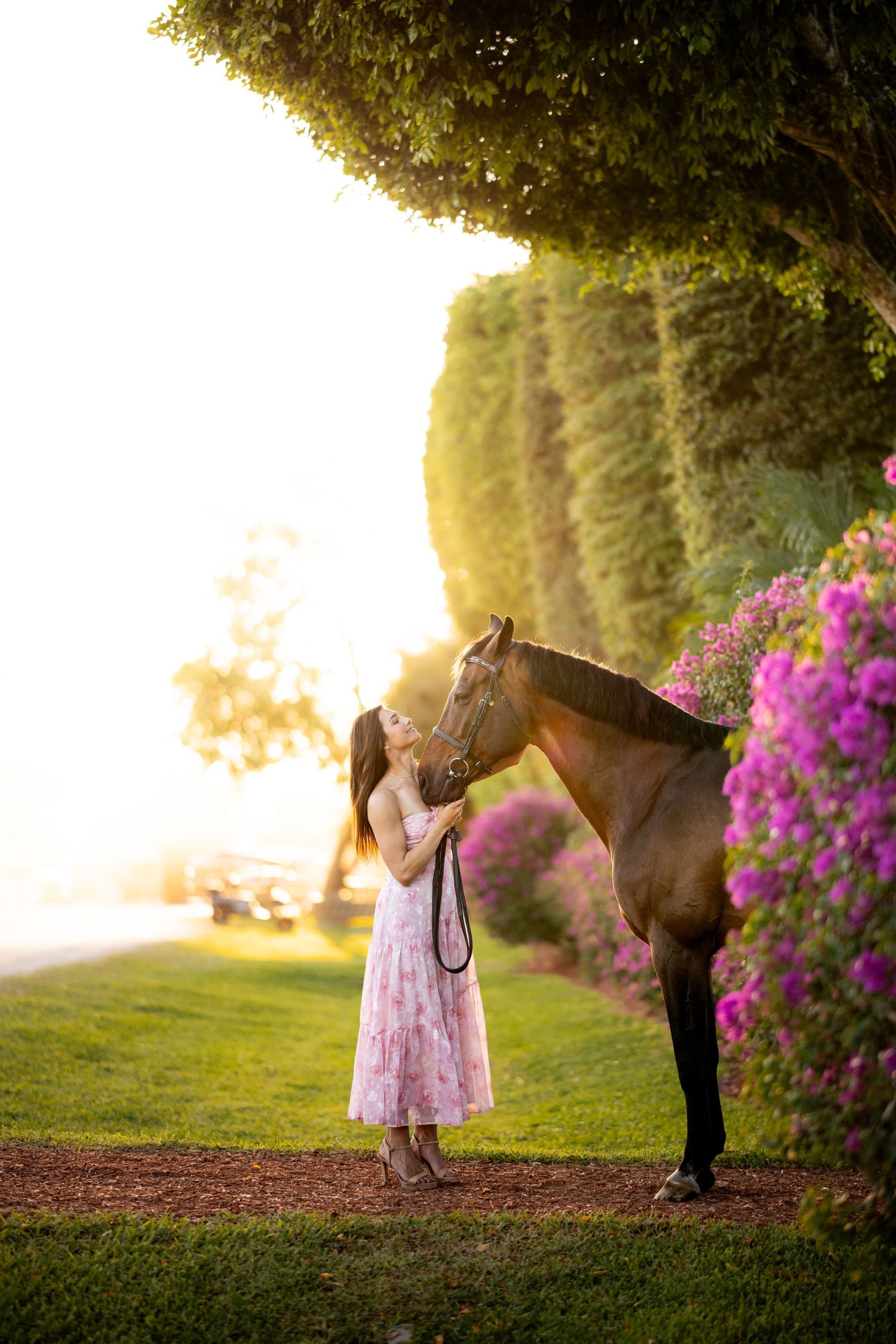 Woman in floral dress shares a tender moment with a bay horse amid purple flowers and golden sunset light.