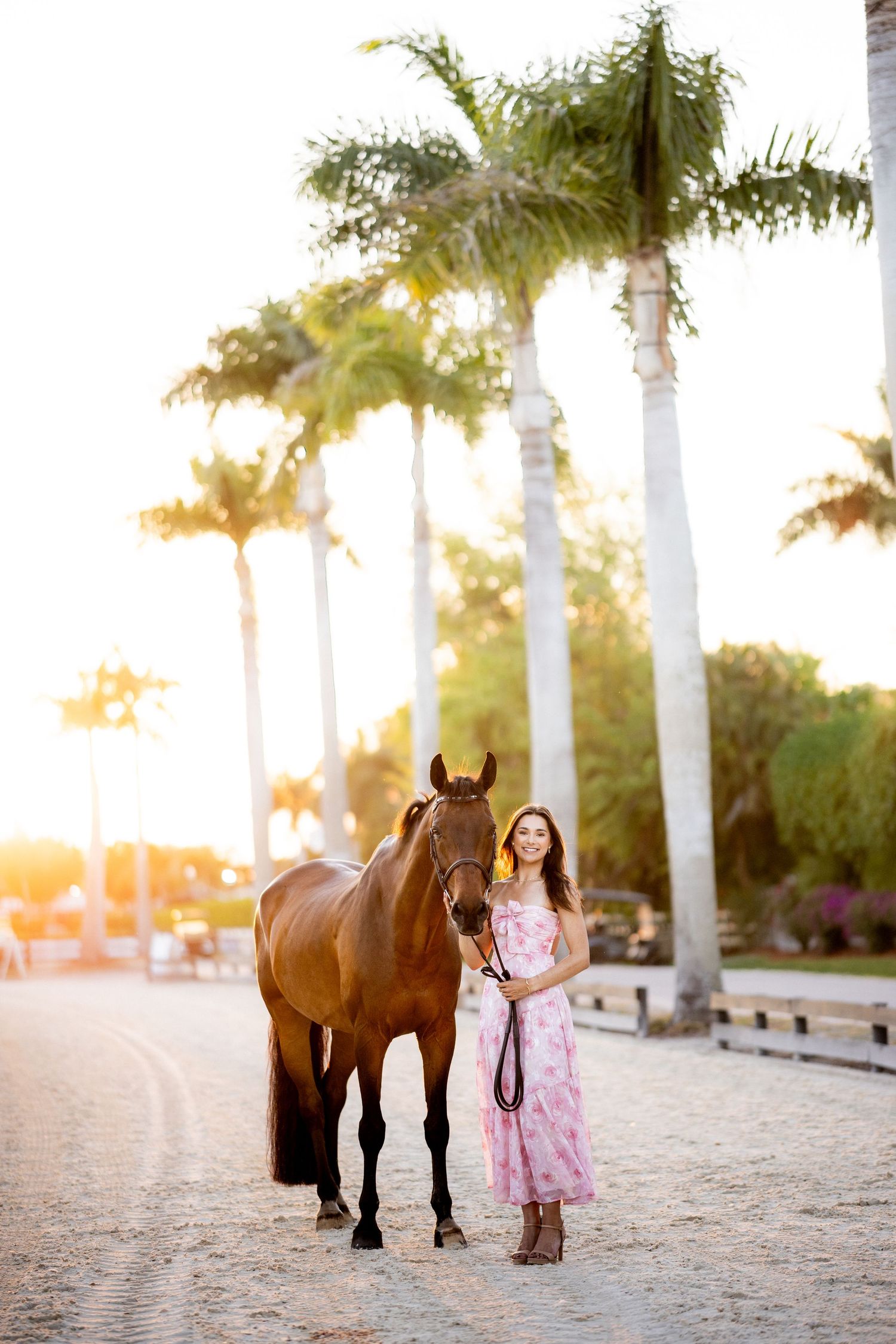 Young woman in pink dress stands with a bay horse at golden hour, palm trees lining a sunny equestrian path.