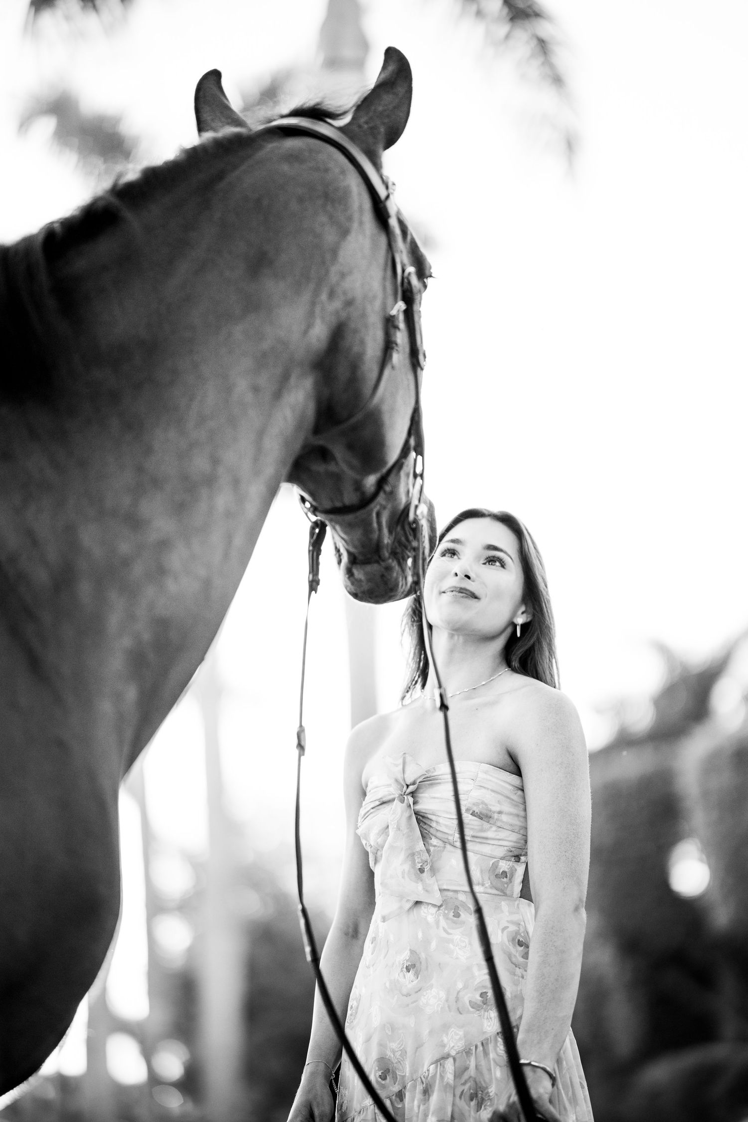 Black and white photo of a young woman in a floral dress holding the reins of a dark horse outdoors.