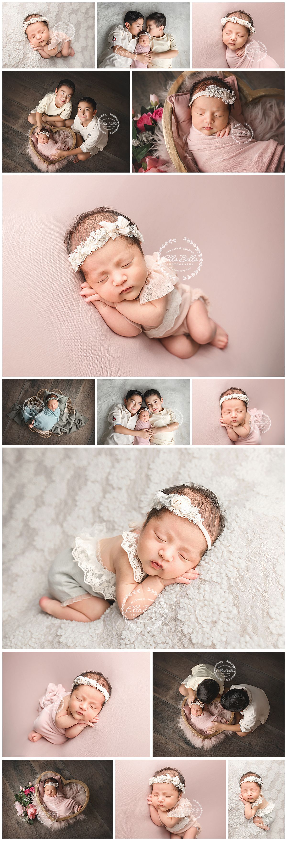Newborn twins posed in a basket and individually on pink blankets, wearing lace headbands and wraps in soft studio lighting.