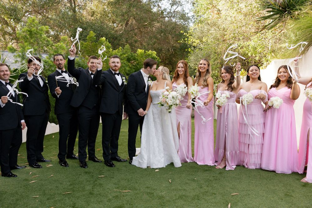 Wedding party poses outdoors, groomsmen in black tuxedos and bridesmaids in pink gowns flanking bride and groom.