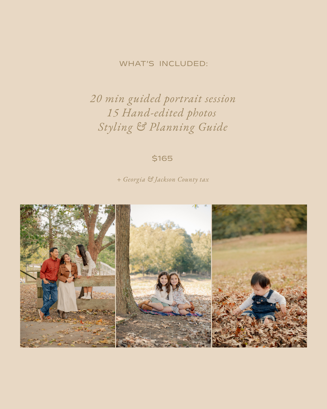 A photography package flyer showing fall family portraits, sisters in leaves, and a toddler playing outdoors for $165.