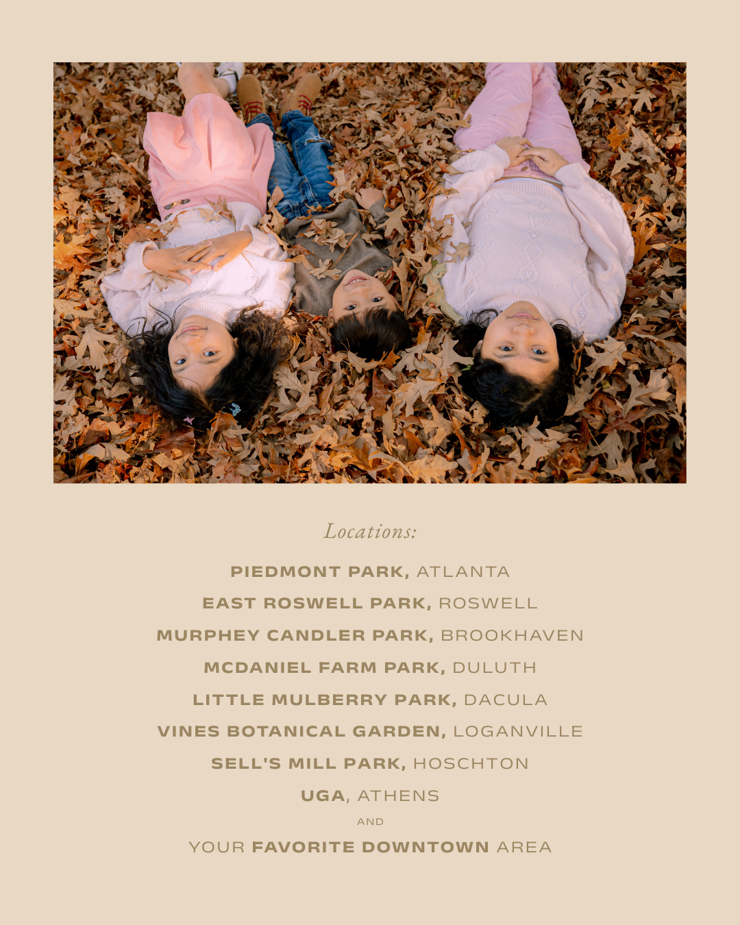 Three children lying in autumn leaves at a park, with a list of Atlanta-area photography locations on a beige background.