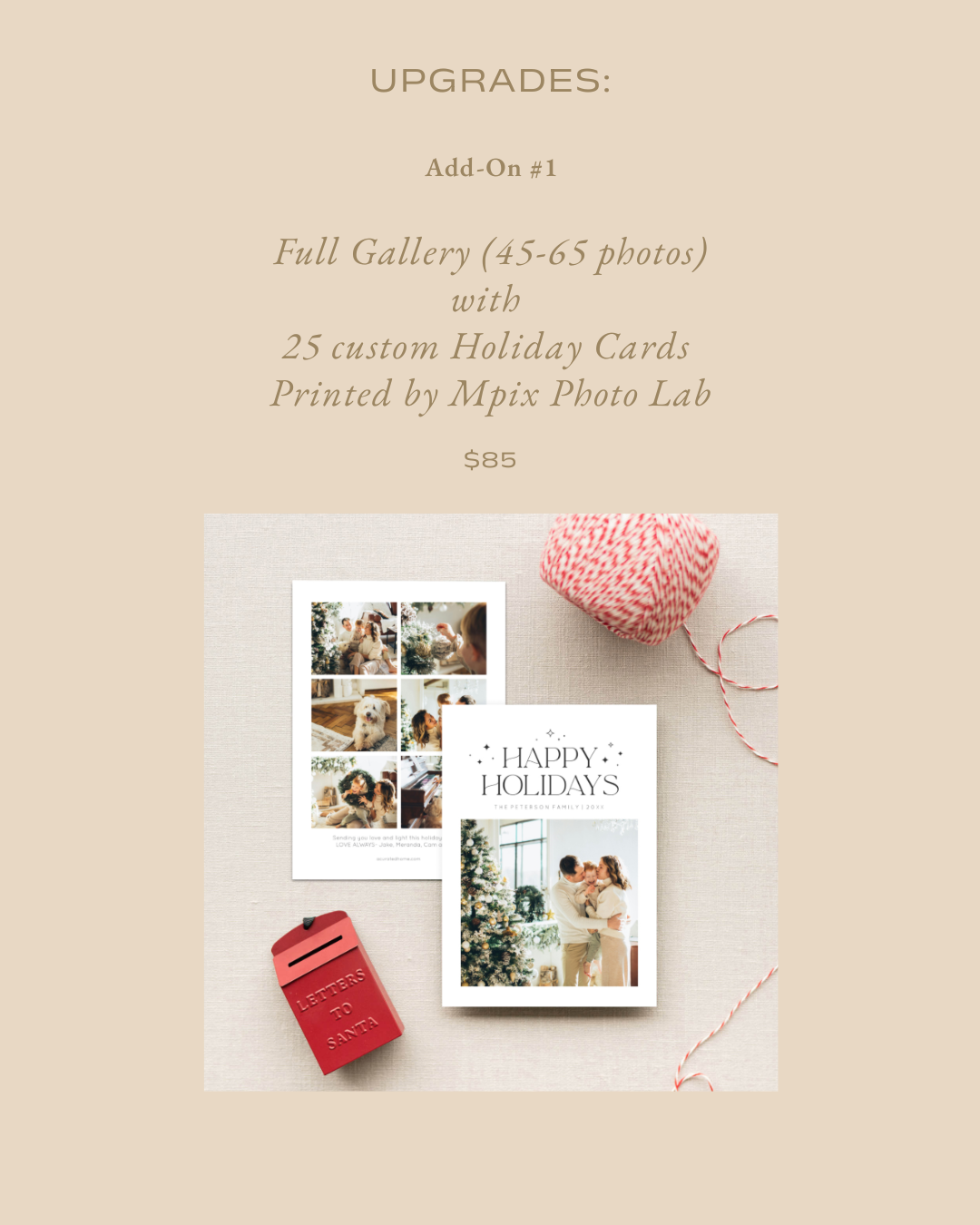 Holiday mini session upgrade card showing full gallery with 25 custom printed holiday cards from Mpix Photo Lab for $85.