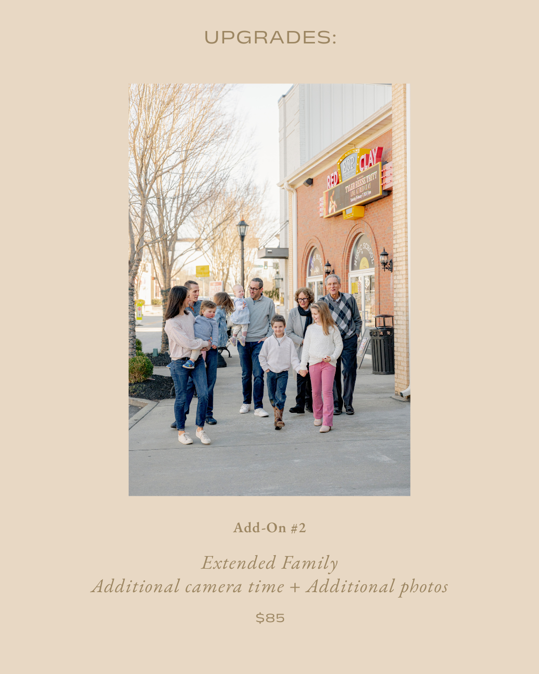 A promotional graphic for an extended family photography upgrade add-on, featuring a large family walking outdoors.