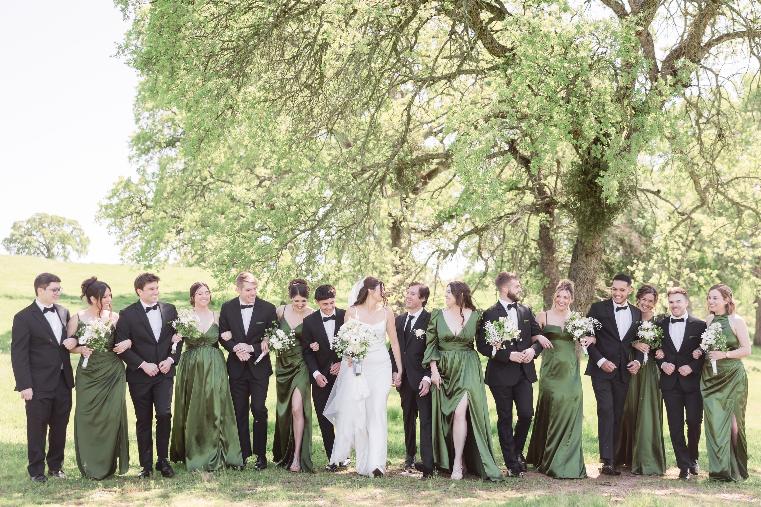 Wedding party in green gowns and black tuxedos posing under a large oak tree on a sunny day.