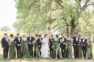 Wedding party in green gowns and black tuxedos posing under a large oak tree on a sunny day.
