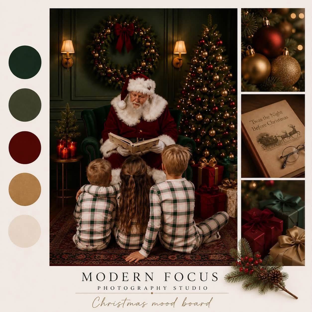 Santa Claus reads a book to three children in matching pajamas beside a decorated Christmas tree in a cozy studio setting.