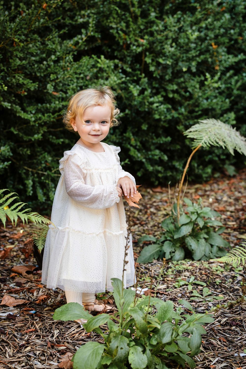 Toddler girl in white dress standing in garden among ferns and green shrubs.