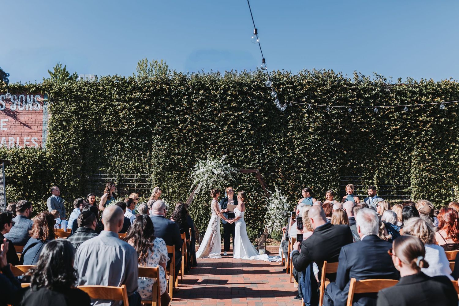 Couple exchanges vows at outdoor wedding ceremony before lush green ivy wall backdrop.