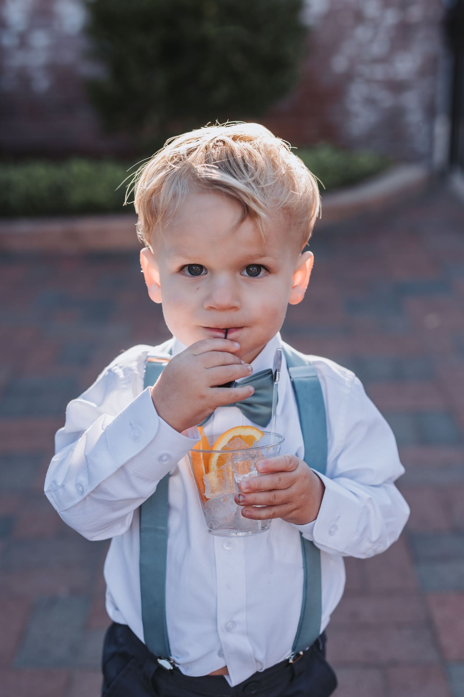 Adorable young ring bearer in white shirt, suspenders, and bow tie sipping a drink at outdoor wedding.
