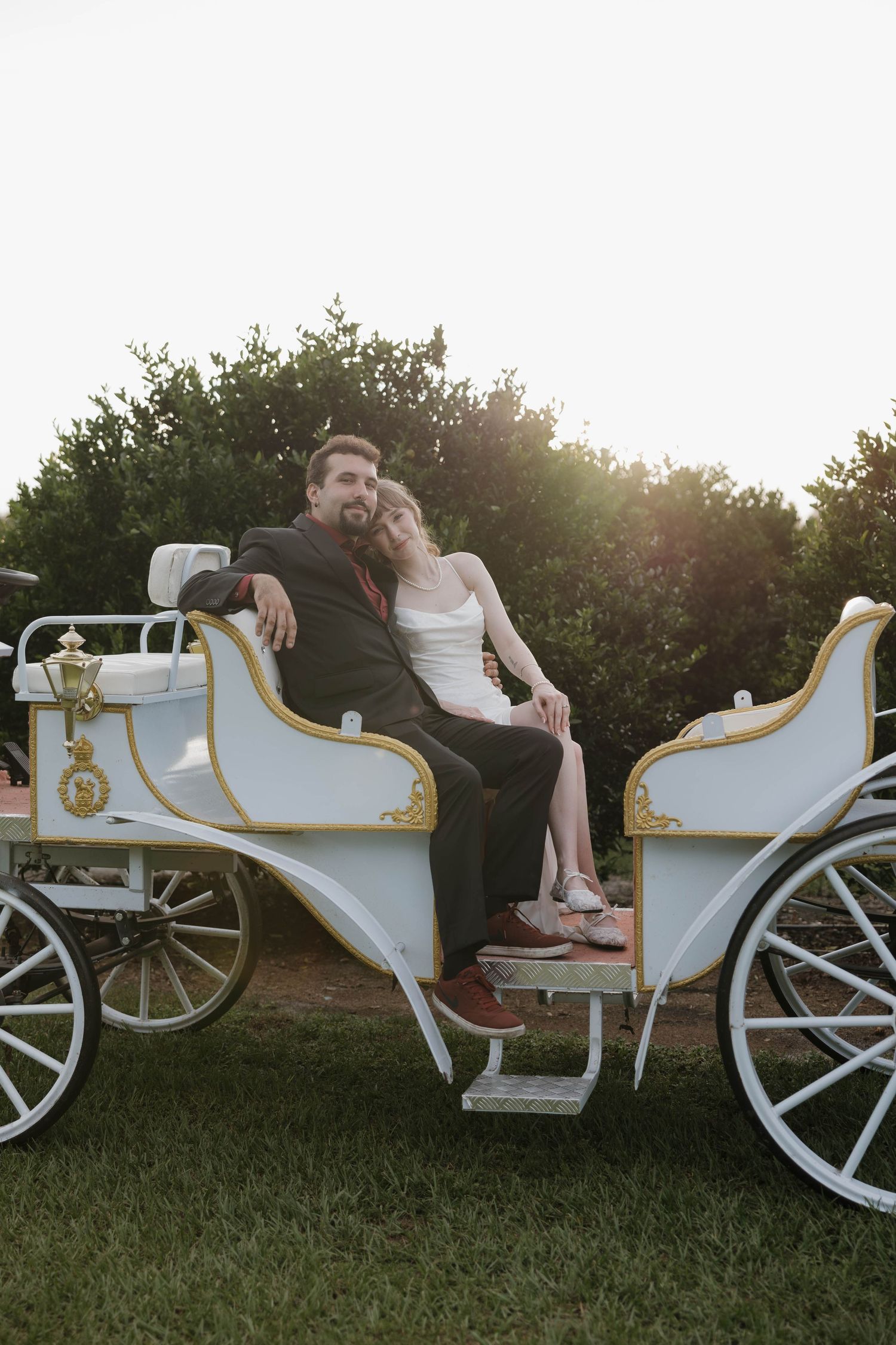 Newlyweds relax together on a white and gold horse-drawn carriage on a grassy lawn with greenery behind them.
