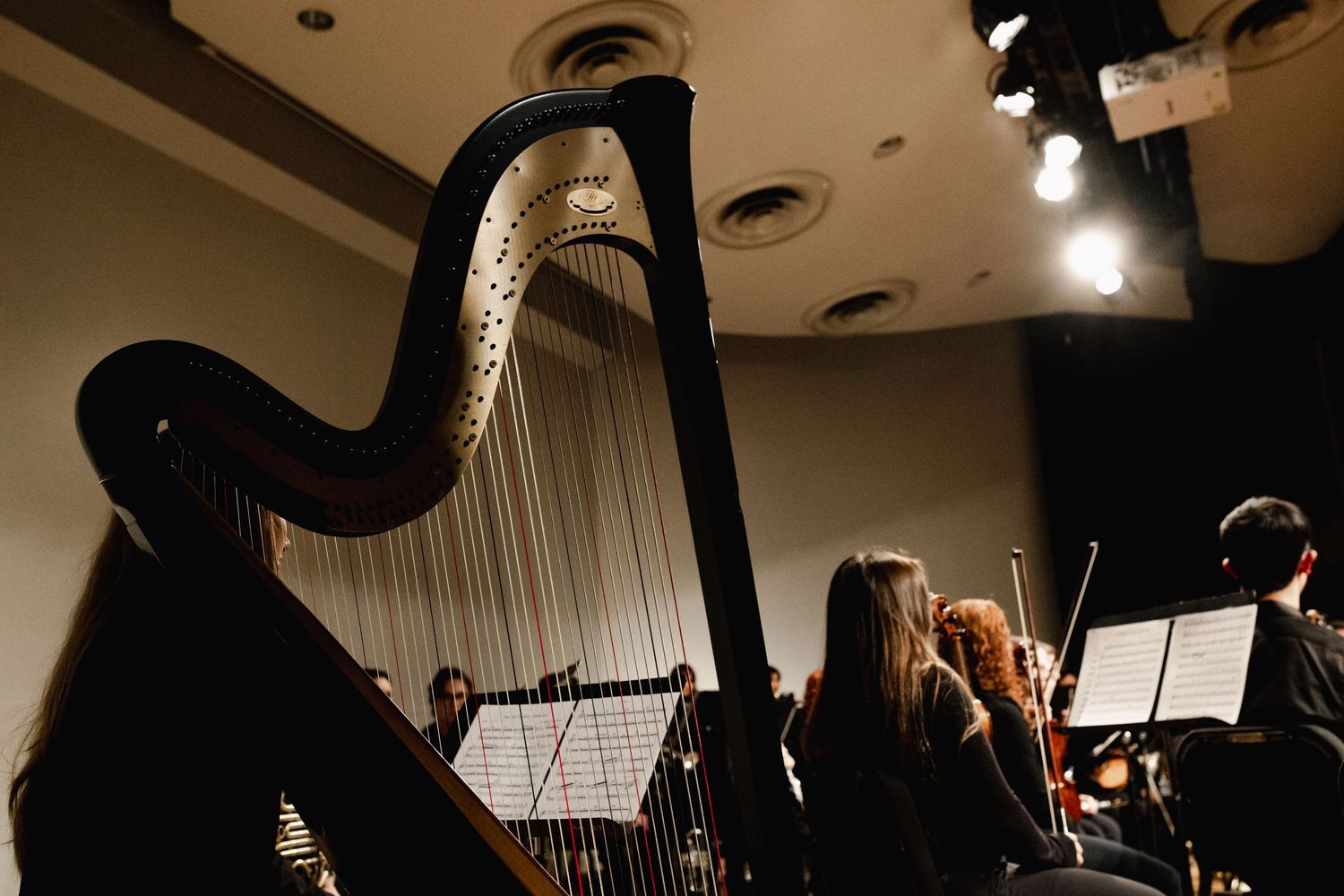 A harp in the foreground with orchestra musicians playing violin in a concert hall with stage lighting.