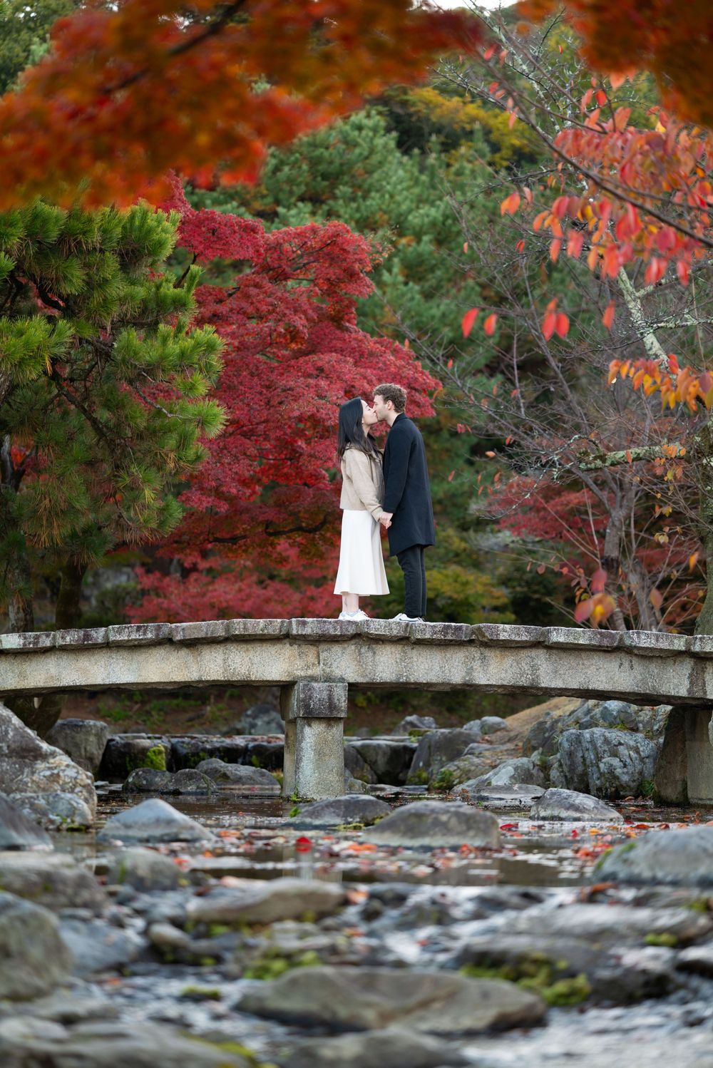 Couple kissing on a stone bridge surrounded by vibrant red autumn foliage in a Japanese garden.