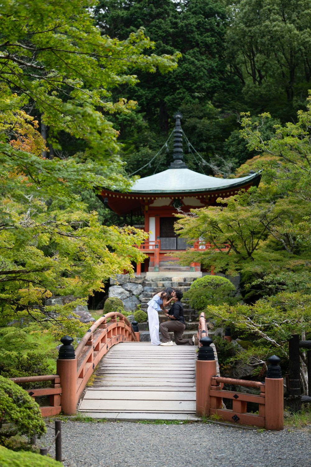 Couple pauses on a red wooden arched bridge leading to a Japanese pagoda with a green roof, surrounded by lush maple trees.