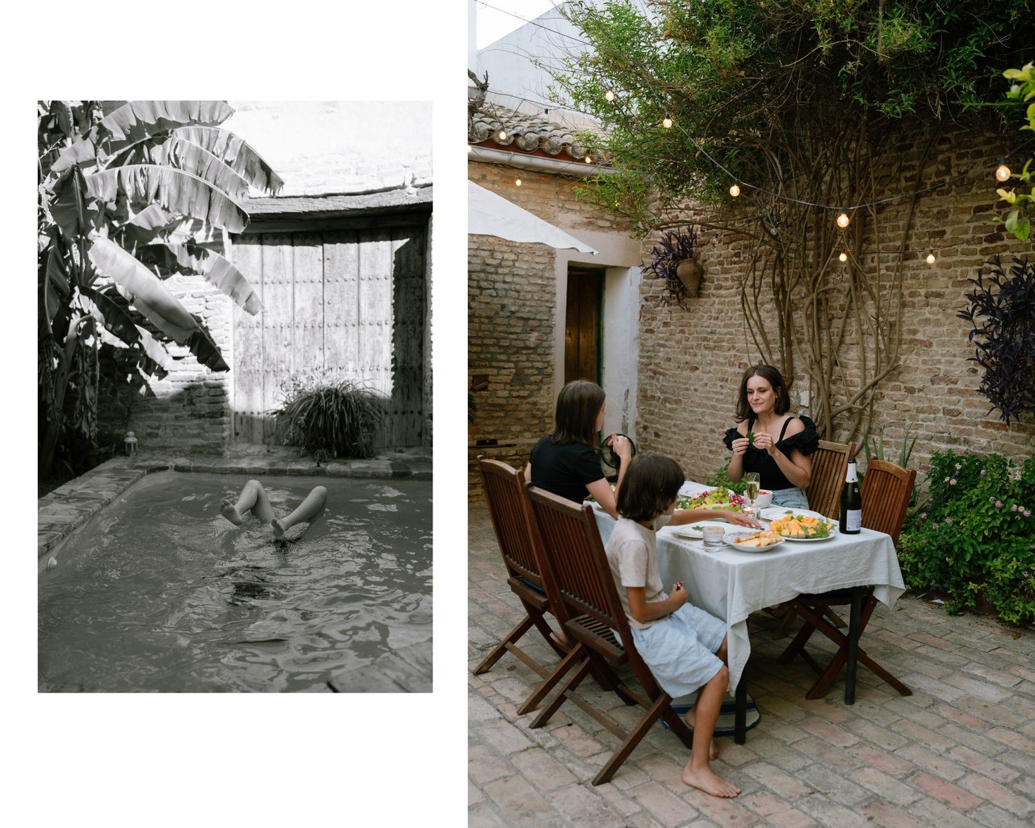 Colage of vacation artistic pictures of photographer Agata Mendes sitting at a beautifully set table in the garden with family