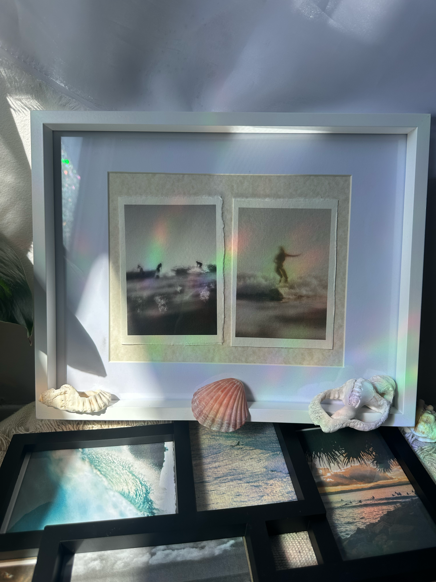 Hand made print greeting card on archival paper for ocean, surf and lifestyle in a frame with shells