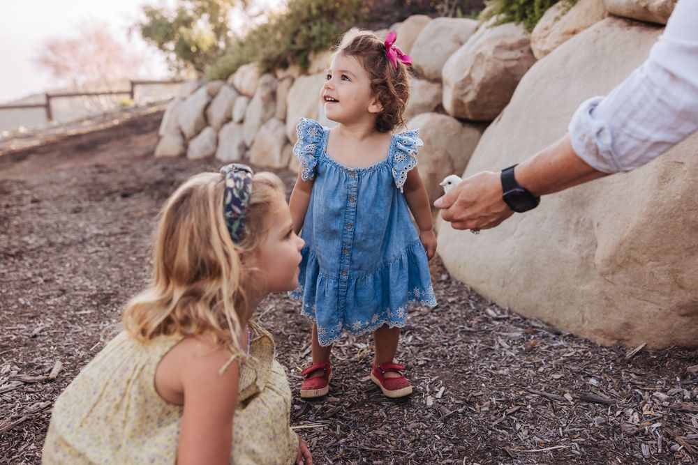 A little girl in a blue dress with a pink bow stands near a stone wall as her sister kneels beside her.
