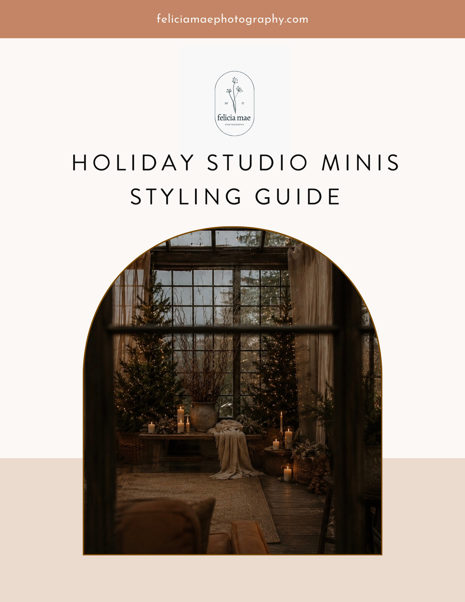 Holiday Studio Minis Styling Guide cover by Felicia Mae Photography featuring a cozy studio with Christmas trees and candlelight.