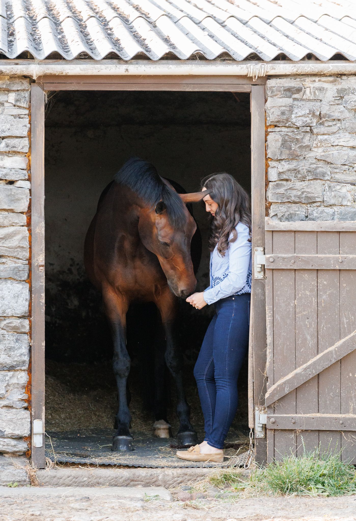 Young woman in navy blouse sits on bench between two bay horses with white markings, posed against brick wall.