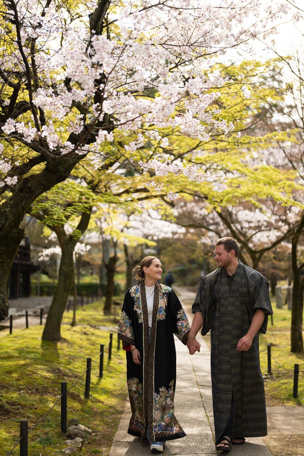 Couple in traditional Japanese kimono holding hands on a garden path beneath blooming cherry blossom trees in spring.