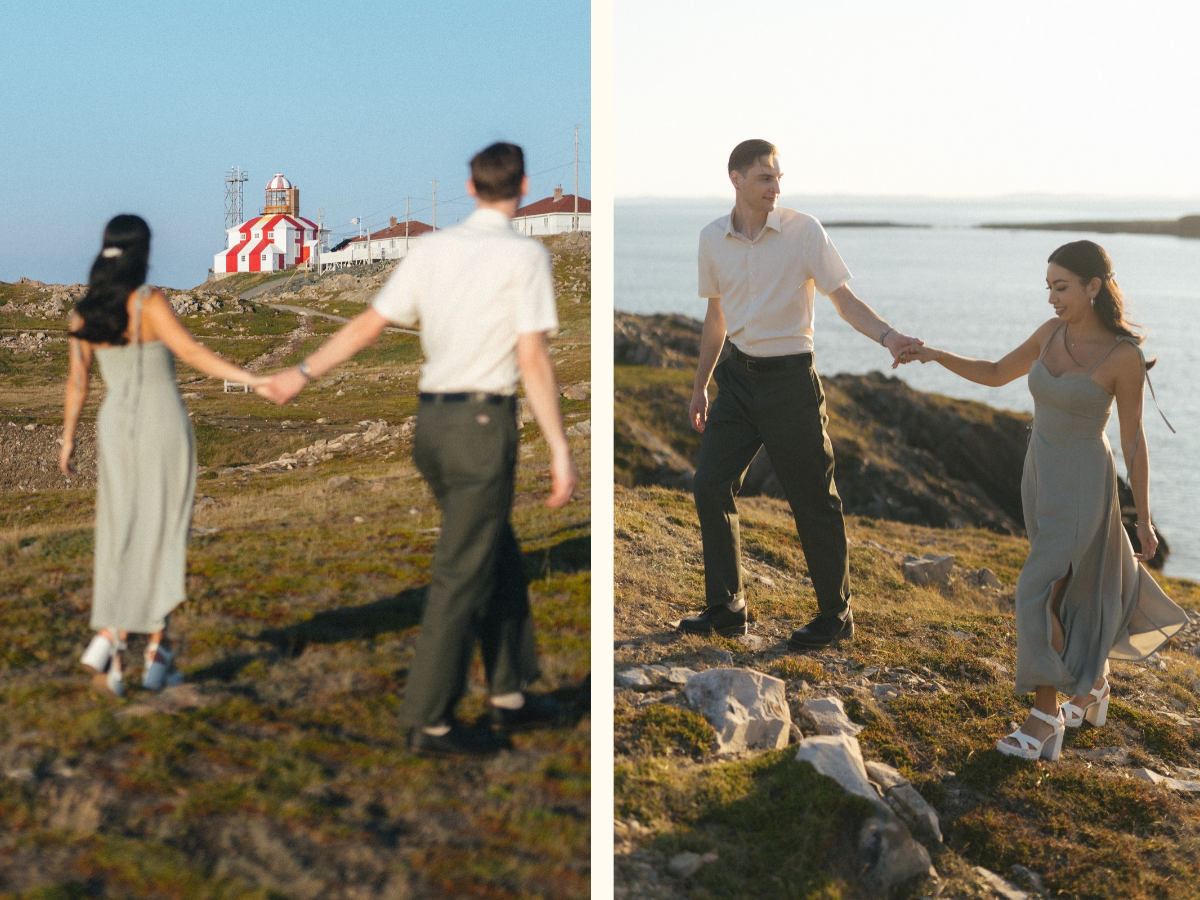 35 mm film photo of bride and groom holding hands and exploring a rocky area near a lighthouse