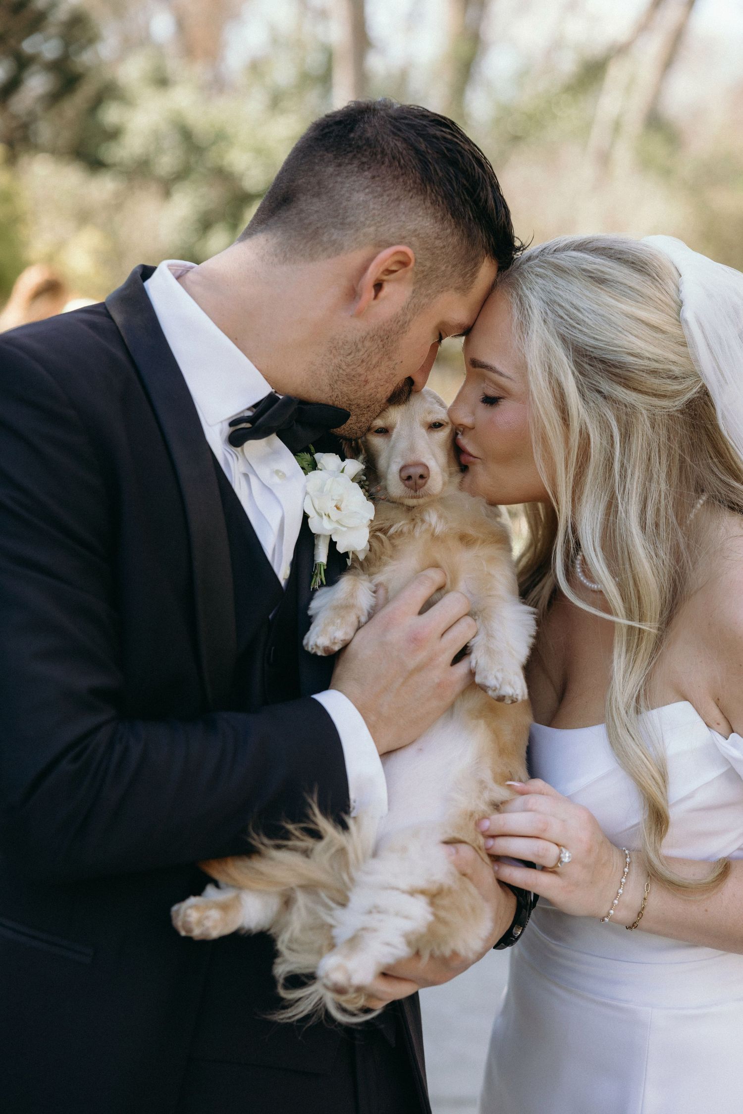 Bride and groom in wedding attire kiss their small golden dachshund puppy wearing a white floral boutonniere during February wedding day.