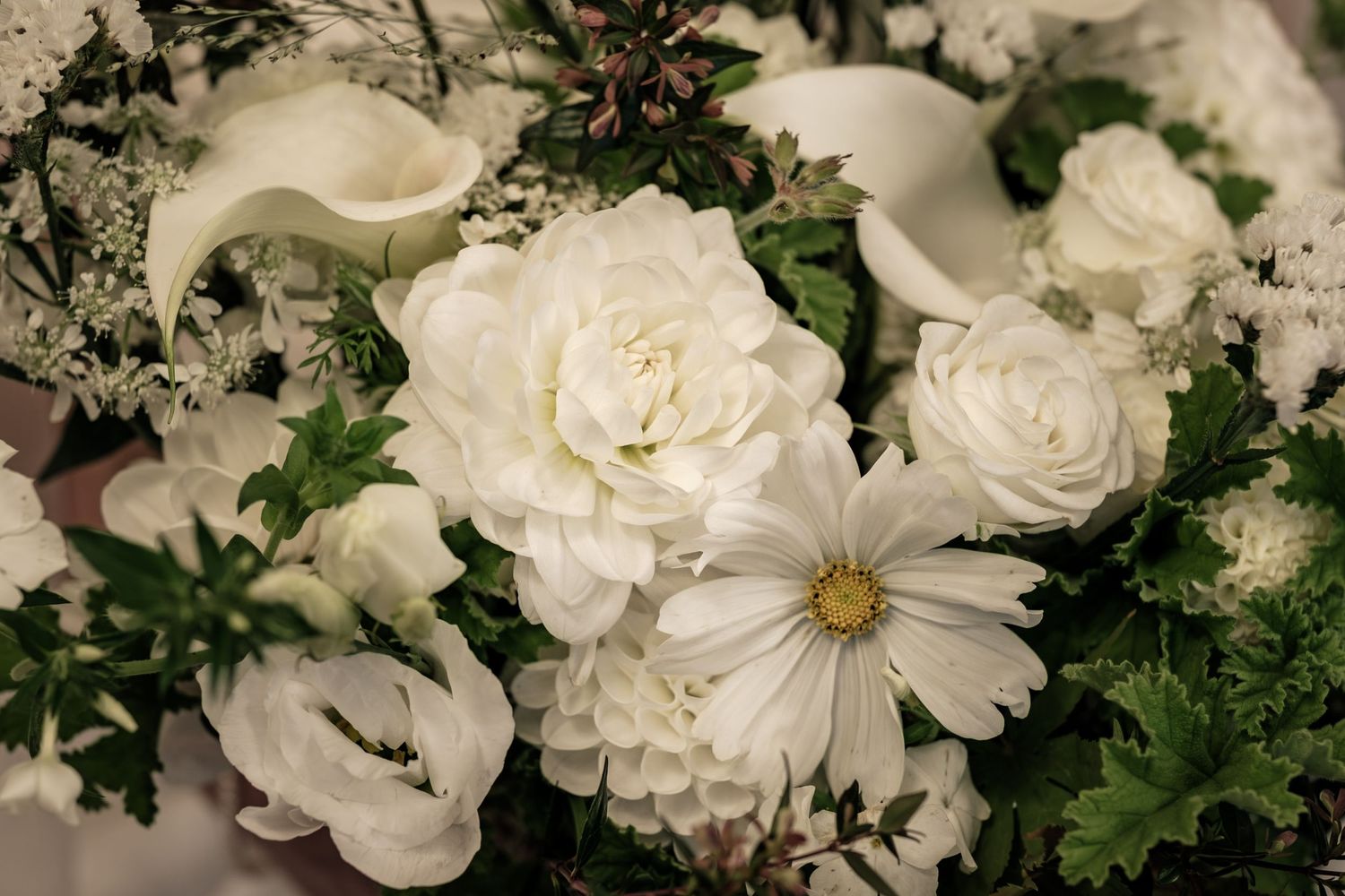 White floral bouquet with dahlias, calla lilies, roses and a daisy accented by green foliage and delicate baby's breath.