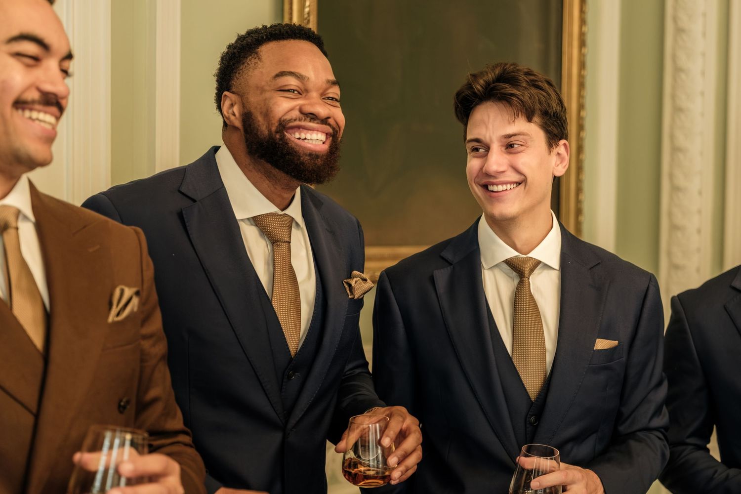 Three smiling men in tailored suits and ties laugh together while holding glasses of whiskey in an elegant, softly lit room.